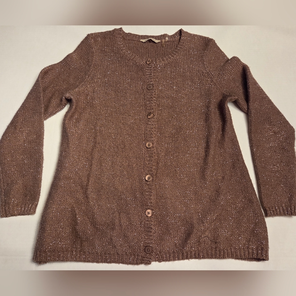Soft Surroundings Brown w/ Gold Metallic Cardigan Sweater Cashmere Wool Sz M